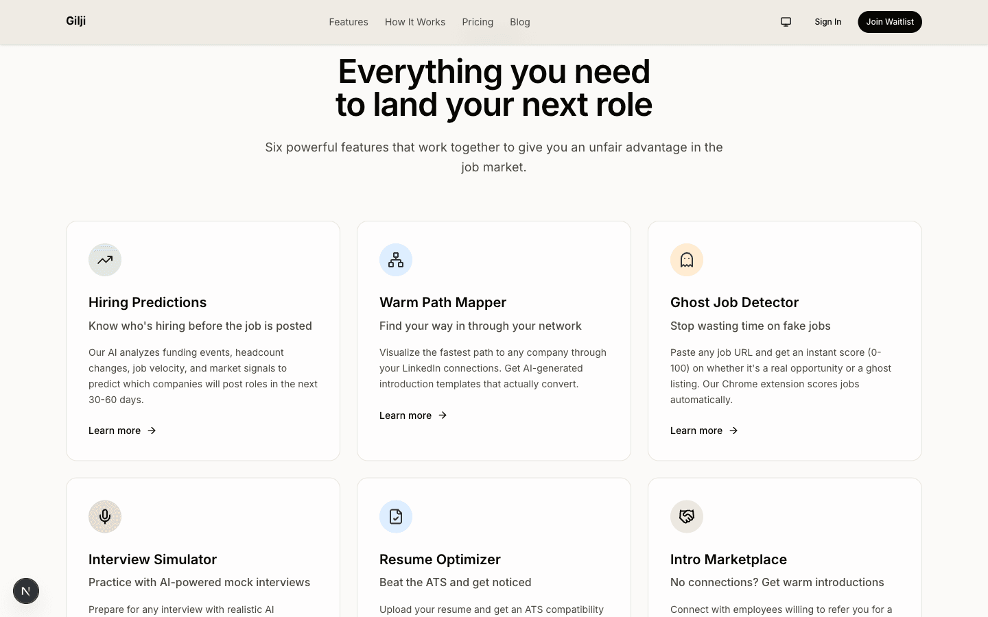 Gilji features grid showing all six tools