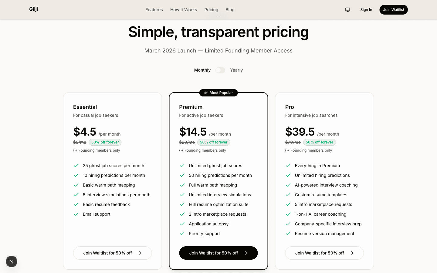 Gilji pricing page with Essential, Premium, and Pro tiers