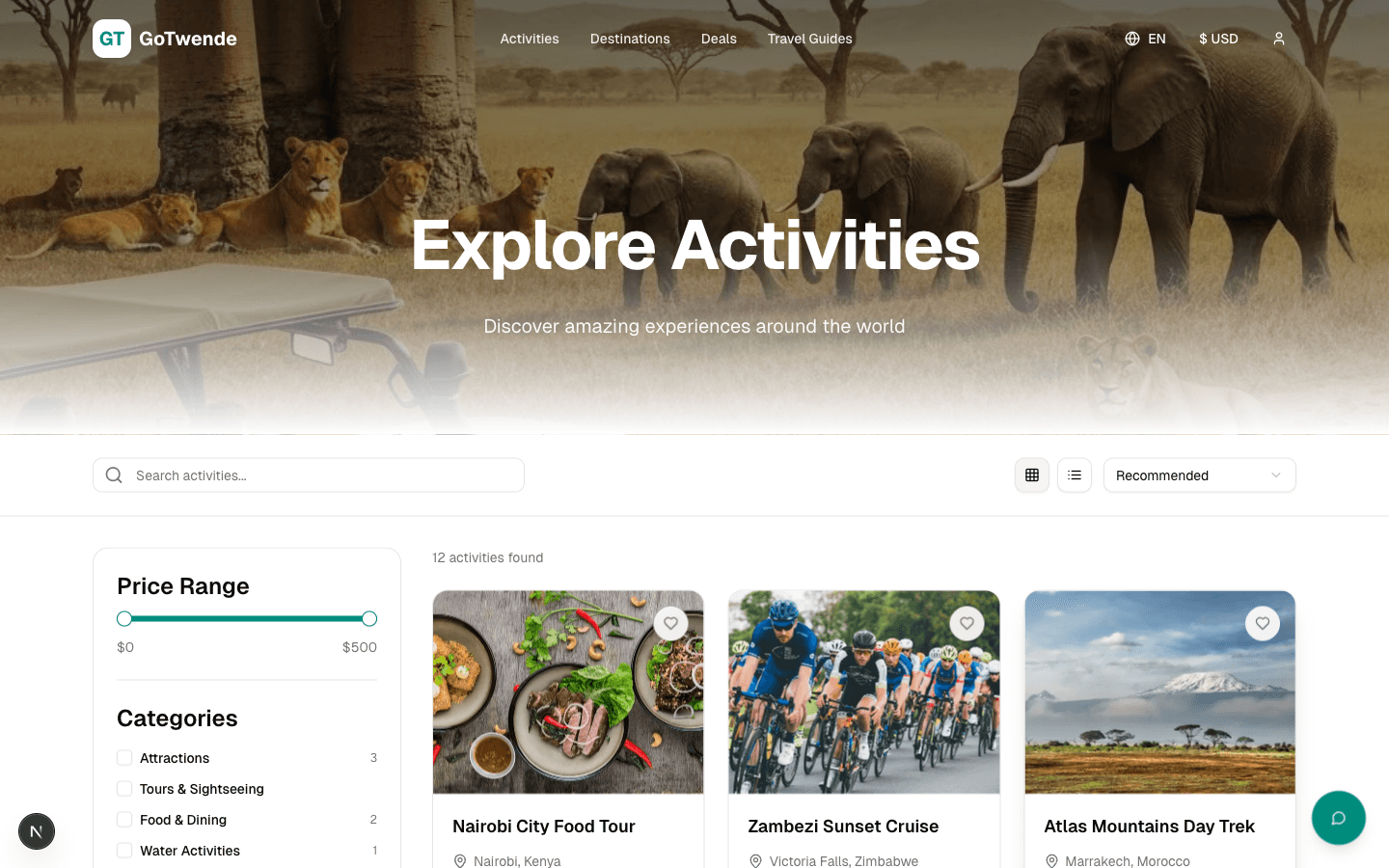 Activity browse page with filters and activity cards